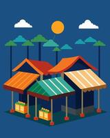 Even on the cloudiest days the market remains brightly lit thanks to the efficient solar panel systems installed on each stall.. illustration. vector