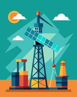 From a distance the oil rig appears to have a futuristic appearance with its hightech solar panels and traditional oil drilling equipment working in harmony.. illustration. vector