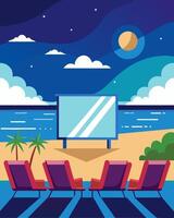 A beachside cinema with a stunning ocean view powered by solar energy and offering cozy beach chairs and blankets for a unique moviewatching experience.. illustration. vector