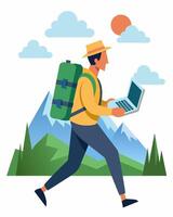 A backpacker hiking through the mountains their solarpowered laptop tucked into their pack ready to be used whenever needed thanks to its selfsustaining energy source.. vector
