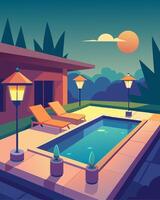A backyard oasis complete with a pool and lounge chairs enhanced by the soft and calming light of solar garden lanterns.. illustration. vector