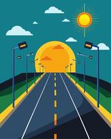 As the sun rises the solarpowered highway lights automatically switch off conserving energy and reducing costs while still providing safe travel for early morning commuters.. vector