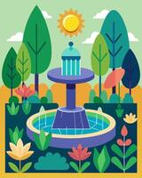 A botanical garden with a cascading solarpowered water fountain providing a beautiful sensory experience for visitors while also being energy efficient.. illustration. vector
