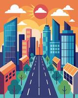 A busy city street lined with tall buildings each with a unique array of solar panels on their roofs.. illustration. vector