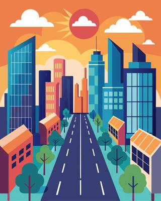 A busy city street lined with tall buildings each with a unique array of solar panels on their roofs.. illustration.