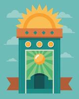 A banner proudly hanging above the door proclaiming the laundromat as a leader in sustainable practices with the sun as its benevolent power source.. illustration. vector