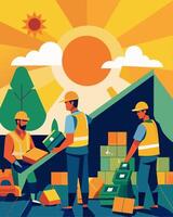 A bustling facility with workers clad in solarpowered vests sorting through piles of recyclables under the warm glow of the sun.. illustration. vector