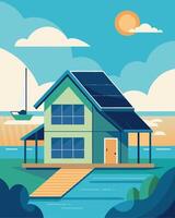 A beautiful beach house nestled against the ocean utilizes solar power to run its advanced home automation systems and minimize its environmental impact.. illustration. vector