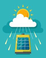 Even on the dreariest of days the solarpowered battery pack continued to charge its panels determinedly soaking up any trace of sunlight that managed to peek through the clouds.. vector