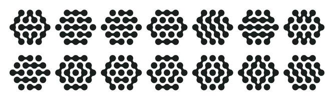 Abstract metaball hexagon shapes. Liquid spotted graphic design elements, connected liquid molecule figures flat illustration set. Modern tech metaball icon shapes vector
