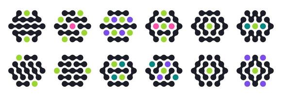 Metaball connected shapes icons. Hexagon molecule figures, abstract liquid spotted graphic design elements flat illustration set. Liquid metaball shapes vector