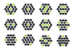 Hexagon molecule icons. Metaball connected figures, abstract liquid spotted graphic shapes flat illustration set. Liquid metaball design elements vector