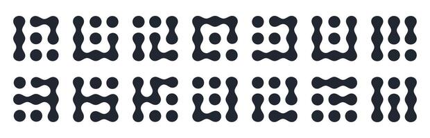 Metaball shapes logos. Abstract spotted graphic elements, connected liquid molecule figures flat illustration set. Modern metaball shapes collection vector
