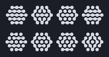Hexagon liquid molecule figures. Metaball connected shapes, abstract liquid spotted graphic design elements flat illustration set. Honeycomb metaball shapes vector