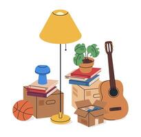 Boxes full of moving stuff. Cardboard boxes with books and clothes, stacked carton boxes flat illustration set. House moving boxes vector