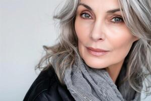 Mature woman, age 50, in a close-up portrait, concept of anti-aging creams and treatments photo