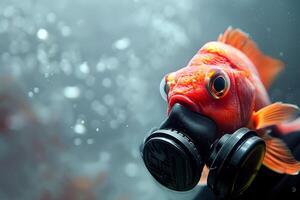 An underwater fish with a respirator mask, the concept of ocean pollution, copy space photo