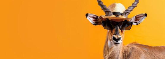 Antelope wearing hat and sunglasses, orange background with copy space, banner photo