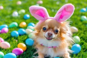Chihuahua dog in rabbit ears on green grass with colored easter eggs photo