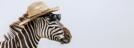 Zebra in sunglasses and hat on a white background, nature journey ad, banner with copy space photo