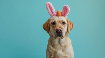 Holiday labrador - rabbit ears, colored easter eggs on blue background - conceptual greeting card with copy space photo