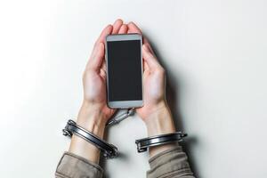 Men's hands are handcuffed to a smartphone on a white background, a concept of unhealthy gadget addiction photo