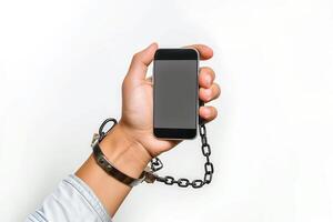 A man's hands are shackled to a smartphone on a white background, the issue of digital addiction photo