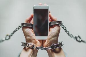 Hands are chained to a mobile phone on a white background, tech addiction and internet overuse photo