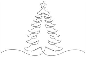 Continuous one Line art of Christmas tree with star on top, pine plant in illustration vector