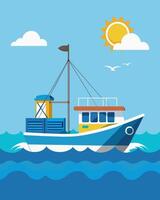 A fishing boat sails across the open sea with a solarpowered fridge on board keeping the crews catch fresh until they reach shore.. illustration. vector