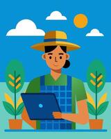 A farmer using their solarpowered laptop to manage and monitor their crops taking advantage of the sustainable energy source to power their device.. illustration. vector