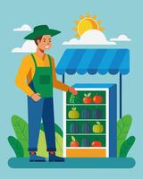 A farmers market vendor uses solarpowered refrigerators to store and transport their locally grown produce providing their customers with the freshest and most sustainable options vector
