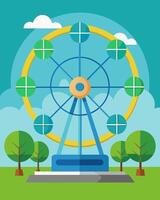 A Ferris wheel rotating with the help of solar energy offering panoramic views of the surrounding greenery.. illustration. vector