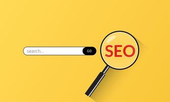 SEO Search engine optimization concept with magnifying glass and search bar vector