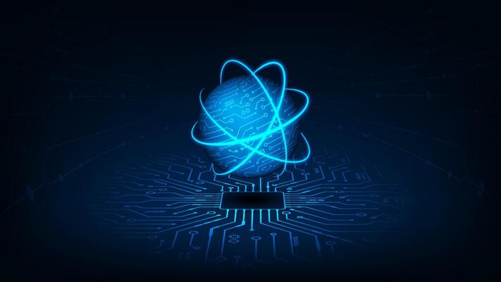 Digital communication concept, cyber cloud network with CPU. Futuristic blue light background.