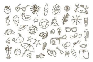 Beach and summer themed doodle design. The images include objects such as sunglasses, umbrellas and beach balls. vector