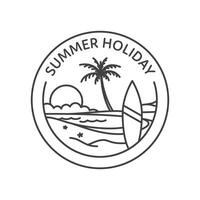 summer holiday logo with surfboard and palm tree vector