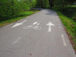 a paved road with a bike path painted on it photo