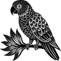 A black and white illustration of a parrot sitting on a branch vector
