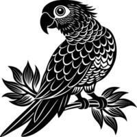 A black and white illustration of a parrot sitting on a branch vector