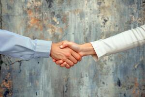 Two people shaking hands in front of a rusty wall photo