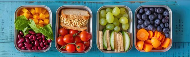 Four containers of different types of food are lined up on a blue surface, school lunches photo