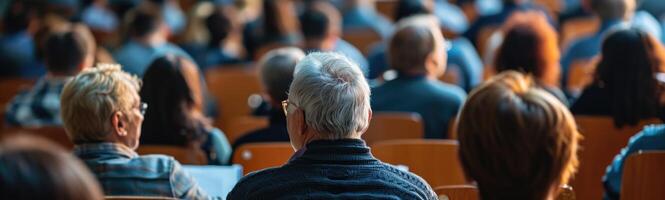 Many people sitting in chairs in a lecture hall photo