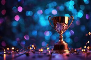 Gold trophy sitting on a table with lights in the background photo