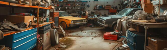 Many cars parked in a garage with many shelves, garage sale photo
