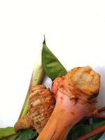 spices consisting of turmeric, galangal, bay leaves, ginger for food seasoning on a white background photo