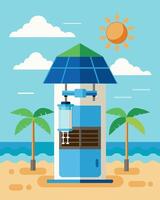 A fixed solarpowered water purifier installed at a beach resort providing clean drinking water for guests and reducing the environmental impact of plastic water bottles.. vector