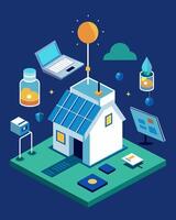 A hightech research facility where scientists use solarpowered laptops to collect and analyze data in remote locations without access to traditional power sources.. illustration. vector