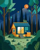 A hidden gem of an art space located deep within a forest and powered by a small ecofriendly solar generator showcasing unique handcrafted pieces.. illustration. vector