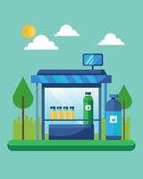 A fully solarpowered bus stop with a water bottle filling station encouraging ecofriendly alternatives for commuters.. illustration. vector